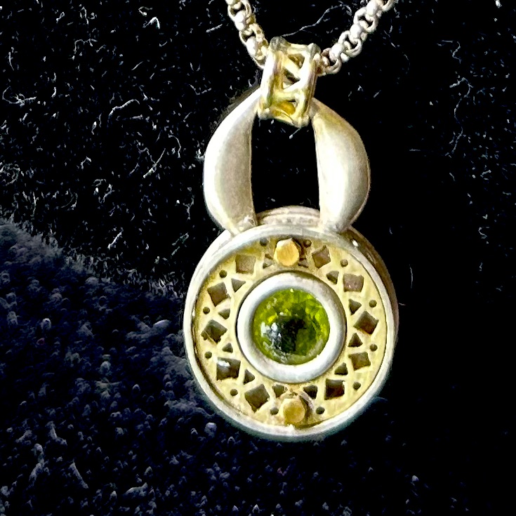 Sterling Silver With 18k Peridot Pendant Necklace With Sterling Chain.